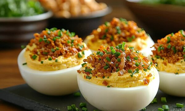 Gourmet deviled eggs topped with crispy bacon and chives, a delightful appetizer