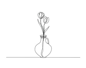 Tulip flower on vintage vase outline drawing illustration. one continuous line drawing of flower for interior.