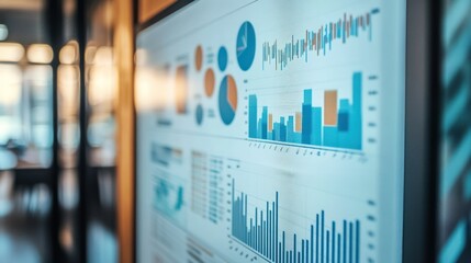 Large screen display showing various business graphs and charts.
