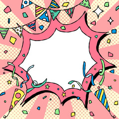 手書きのトゲトゲフレームとデコレーション、ポップな背景フレーム、サンバースト、ガーランド、紙吹雪、クラッカー、コミック風、正方形サイズ