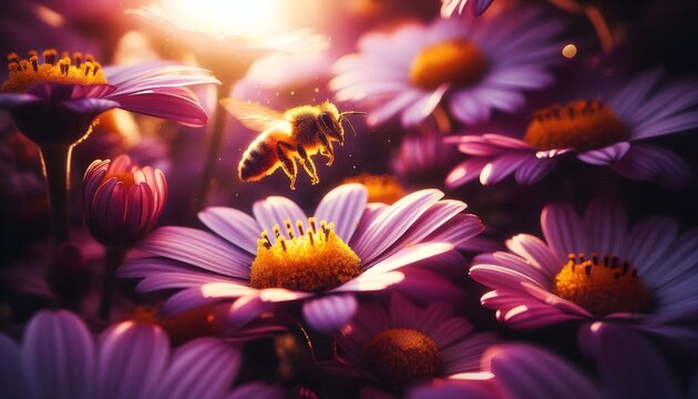 A single bee hovers between delicate purple daisy petals with glowing sunlight and sparkling golden pollen in the air.