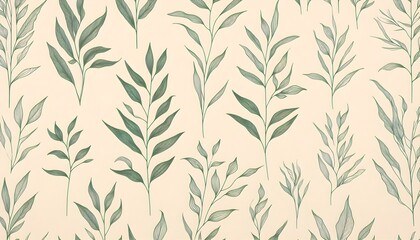 Naklejka premium Elegant hand-drawn green plant pattern repeats softly over beige background, creating a vintage minimalist botanical wallpaper look.