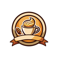 Modern café logo design featuring coffee cup and croissant in minimalist style. Perfect for coffee shops, bakeries, restaurants, and breakfast branding. Vector template included.