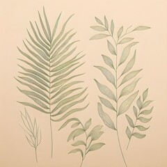Clean and soft botanical sketch style pattern featuring delicate green leaves on beige backdrop with minimal natural aesthetic.