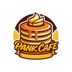 Pancake café logo with stacked pancakes dripping syrup, delicious breakfast icon, sweet syrup river, cozy café branding, breakfast food illustration, vintage style emblem