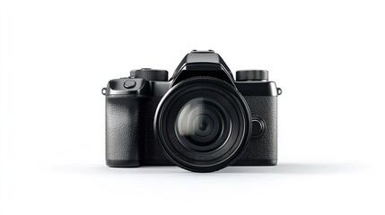 Black DSLR camera with lens cap on centered on smooth