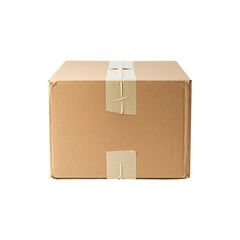 Cardboard box sealed with tape on plain white