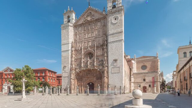 Panorama showing historic San Pablo Church in Valladolid timelapse, showcasing its intricate facade, rose window, entrance portal and twin towers. A former Dominican convent in Castilla y Leon, Spain.