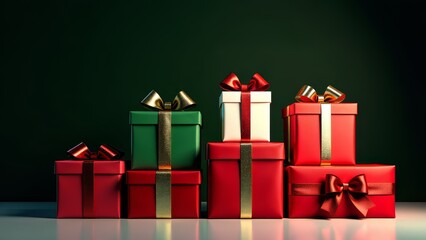 Fototapeta premium Christmas gift boxes with ribbon bows stacked