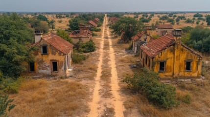 Naklejka premium Row of Dilapidated Houses Along Dirt Road