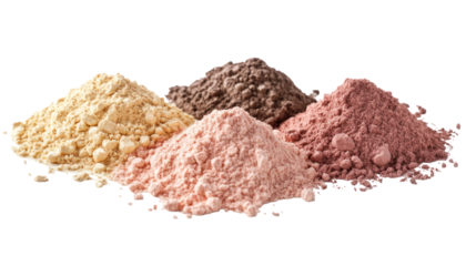  Four various heaps of protein powder – vanilla, strawberry, chocolate, and plain on transparent background