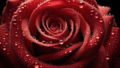 Close-up of a red rose covered in water droplets showing detailed petal texture and vibrant color