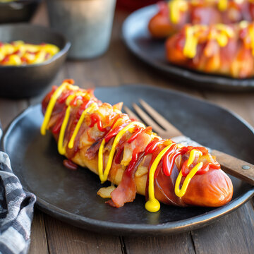 Panchos. Typical Uruguayan hot dog made with a Vienna roll with sausage, mustard, ketchup, mayonnaise or salsa golf sauce side view