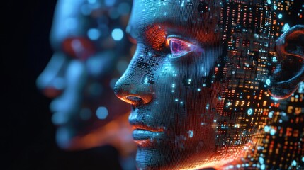 Digital human profiles in a futuristic technology scene.