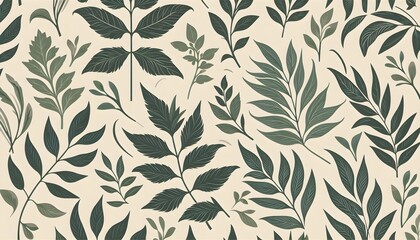 Obraz premium Minimalist botanical pattern in vintage tone, green foliage repeating smoothly on neutral beige background for wallpaper use.