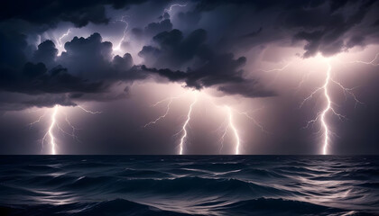 Lightning storm above a vast ocean surface at night.