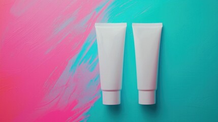 Two white moisturizer or cream tubes displayed on a soft pink and turquoise gradient background  The minimal clean and modern composition creates an elegant natural and organic visual for beauty