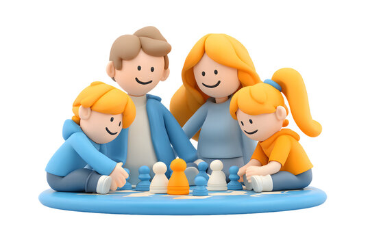 Joyful family playing chess game together, 3D rendering on transparent background