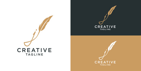 golden feather signature logo design. Minimalist feather j initial logo template © micky_adb