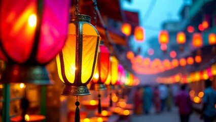 Diwali lanterns illuminate indian cityscape street