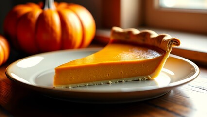 Pumpkin pie slice on plate, thanksgiving dessert
