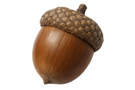 Ripe acorn perched under textured cap, standing isolated against transparent backdrop - Powered by Adobe