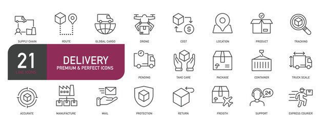 Set of line icons related to user delivery, shipping, cargo, warehouse. Outline icons collection. Editable stroke. Vector illustration.