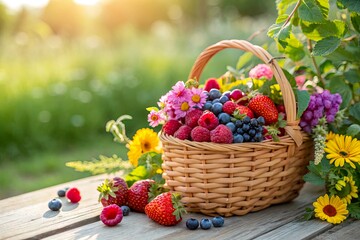 A vibrant basket filled with fresh berries and flowers on a wooden table in a sunlit garden