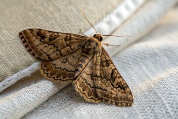 Close-up of a patterned moth resting on a textured fabric, showcasing its intricate wings and details