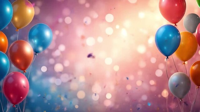 Colorful birthday background with floating balloons, confetti, and soft bokeh lighting