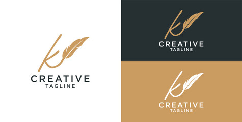 golden feather signature logo design. Minimalist feather k initial logo template