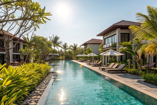Serene resort poolside with palm trees and sun loungers under a clear blue sky