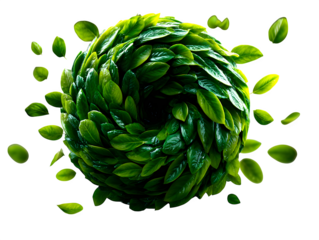 A swirling vortex of green leaves in spiral motion, layered in soft shadows, creating a dynamic natural effect on a white background, isolated to transparent background