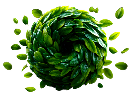A swirling vortex of green leaves in spiral motion, layered in soft shadows, creating a dynamic natural effect on a white background, isolated to transparent background