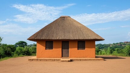 Tranquil Traditional African Mud and Thatch Hut Nestled in Serene Countryside Landscape with Lush Greenery and Vegetation