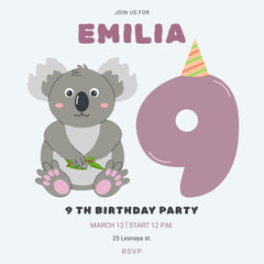 Invitation childrens birthday party with cute koala and number. Celebration ninth birthday. Greeting card template for children. Vector illustration.