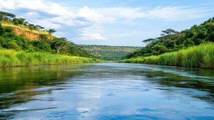 Picturesque African riverbank scene featuring lush verdant vegetation calm flowing waters and a tranquil natural atmosphere inviting and appreciation of the local ecosystem