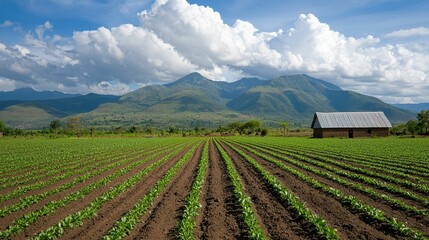 Stunning aerial view of a lush African farmland with rows of crops a traditional barn and mountains in the background  The scene showcases the rural and agricultural nature of the region