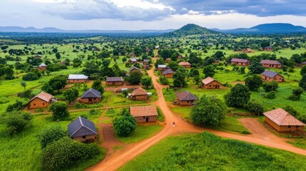 Aerial Panoramic View of a Vibrant and Colorful African Village Nestled Amidst Lush Green Countryside with Huts Houses and Dirt Roads Winding Through the Scenic Landscape