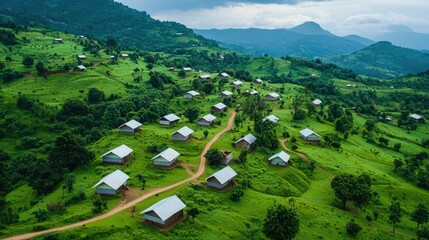 Aerial panoramic view of a traditional African village nestled amidst lush green hills and mountains showcasing the serene and picturesque rural landscape