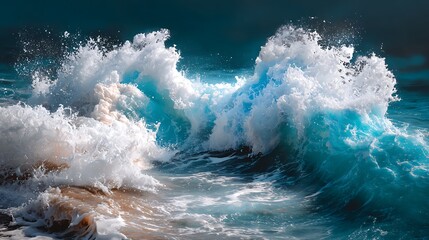 Fototapeta premium Powerful Ocean Waves Crashing on Shore with Vibrant Aqua Colors