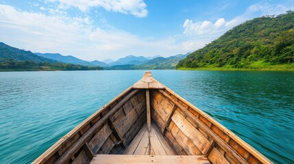 Traditional Wooden Boat Sailing on Calm Serene Lake with Mountain and Forest Backdrop at Sunset  Peaceful Outdoor Adventure and Travel Concept