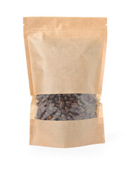 One zipper stand-up pouch with coffee beans isolated on white. Mockup for design