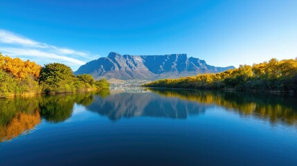 Iconic Table Mountain in South Africa Surrounded by Lush Foliage and Mirrored in the Tranquil Waters of a Scenic Lake or River