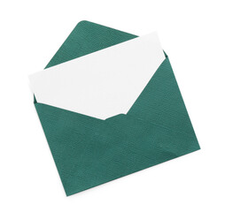 Blank invitation card and envelope isolated on white, top view. Space for design