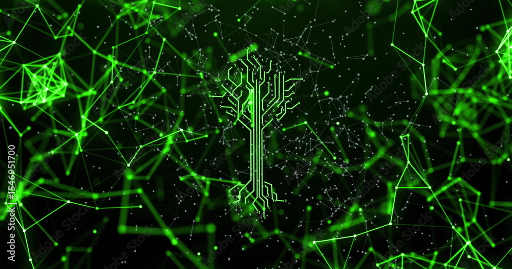 Poster displaying central tree-shaped circuit floating in virtual network mesh, with glowing green nodes