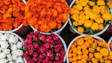 Overflowing Vibrant Flower Market Stalls Displaying a Myriad of Colorful Flowers and Textures for Sale
