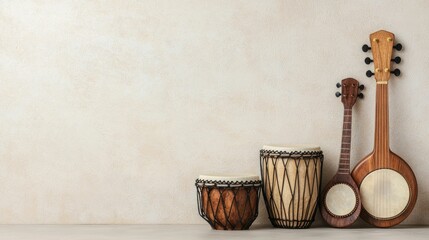 Assortment of traditional African music instruments including drums guitars and other percussion instruments displayed against a neutral minimalist backdrop