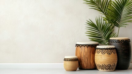 Closeup view of various traditional African handcrafted music instruments including drums percussion and wooden pieces