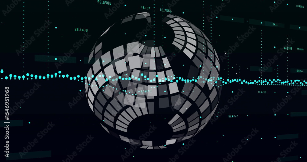 Poster Floating segmented 3D sphere rotating in virtual environment, displaying waveform, numeric overlays